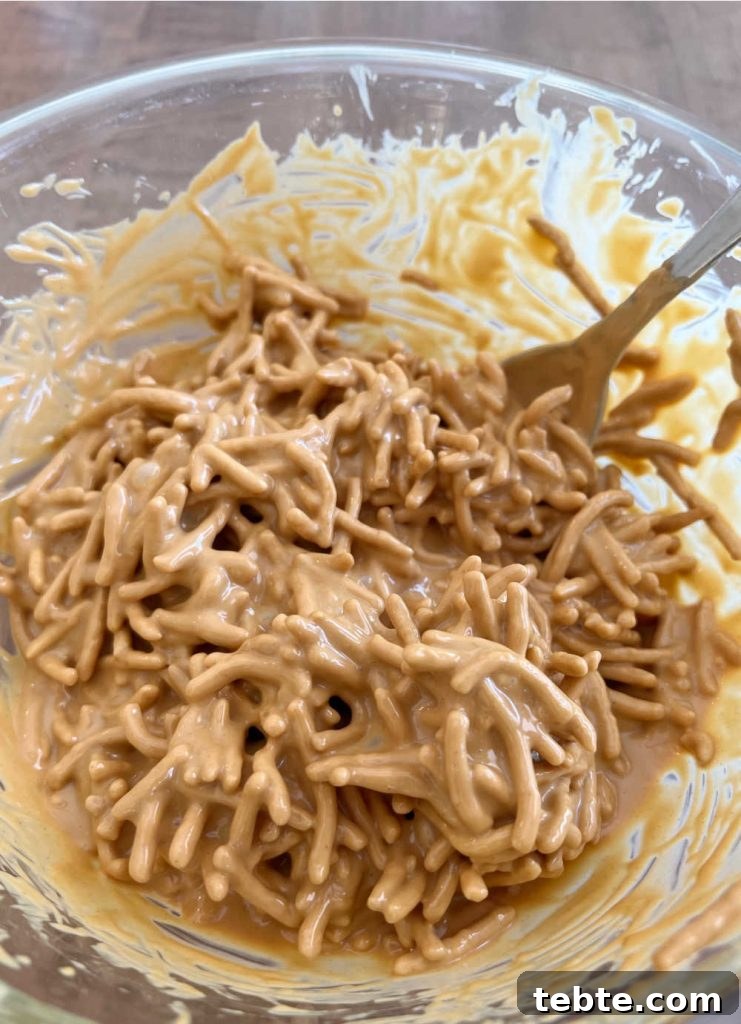 No-Bake Chocolate Haystack Cookies 6 chow mein noodles coated in butterscotch mixture