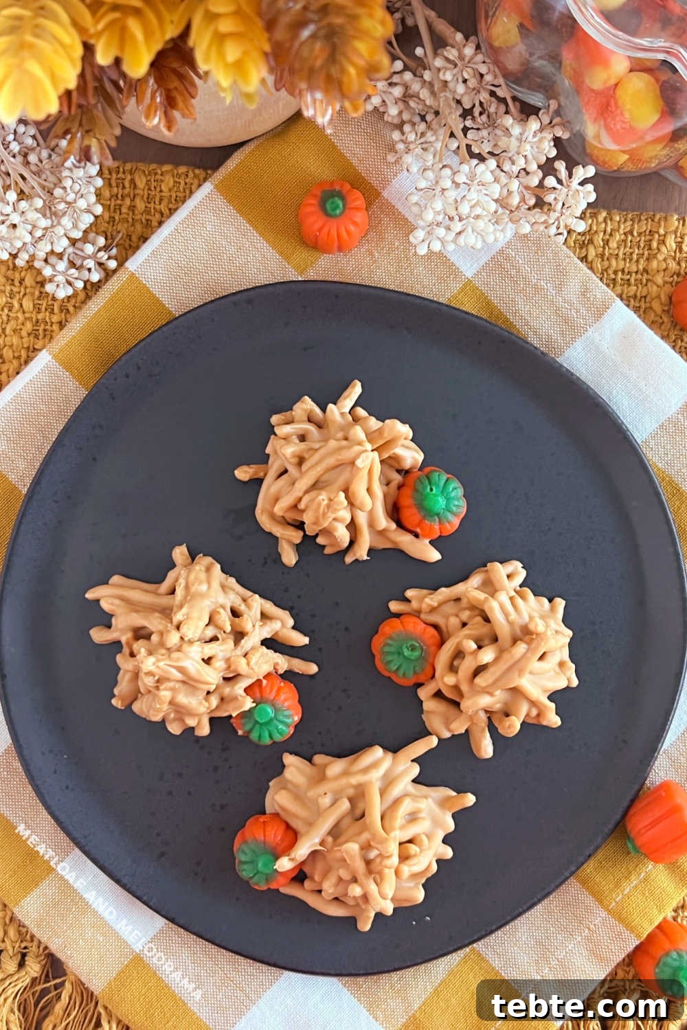 No-Bake Chocolate Haystack Cookies 8 overhead pic of butterscotch haystack cookies with pumpkins