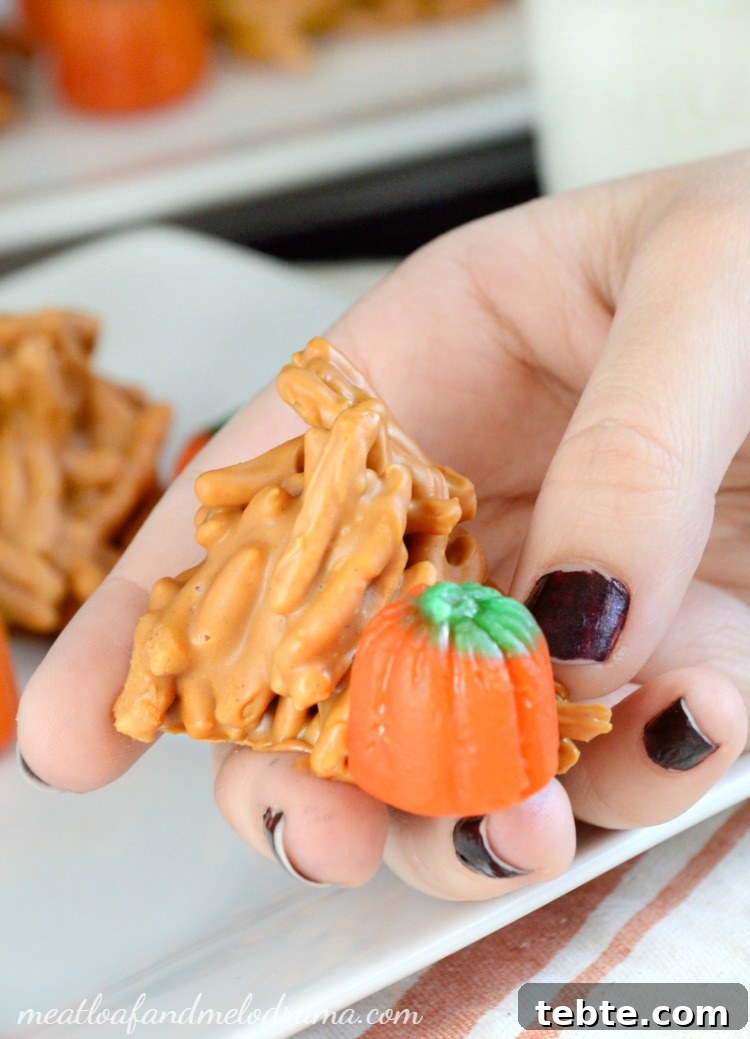 No-Bake Chocolate Haystack Cookies 10 haystack cookies with pumpkin in hand