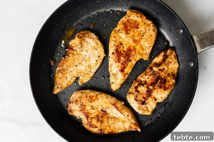 Creamy Yogurt-Marinated Chicken Breast Recipe 7 Four golden brown Yogurt Marinated Chicken Breasts in a black skillet on a white surface. The chicken fillets show visible spices and searing marks, indicating they're perfectly seasoned and cooked.