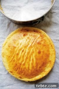 Roman Jewish Quarter Ricotta Cheesecake Recipe — Classic Torta di Ricotta 3 A ricotta cheesecake on a piece of parchment.