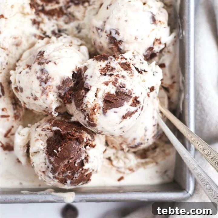 scoops of brownie batter ice cream in a pan with two spoons