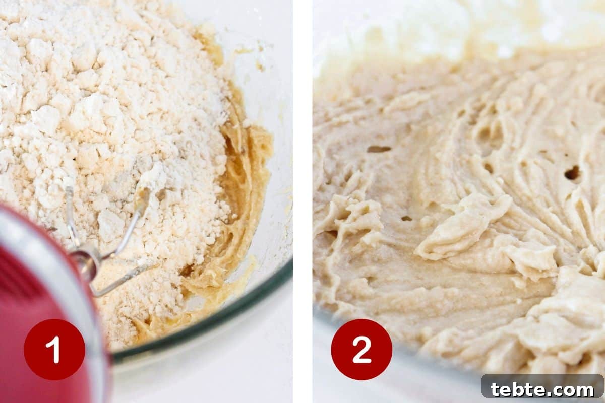 Moist Apple Crumb Cake Recipe with Cinnamon Streusel 4 Steps 1 and 2 of making apple crumb cake. 1, cream together wet ingredients and add dry. 2, add milk and mix until thick.