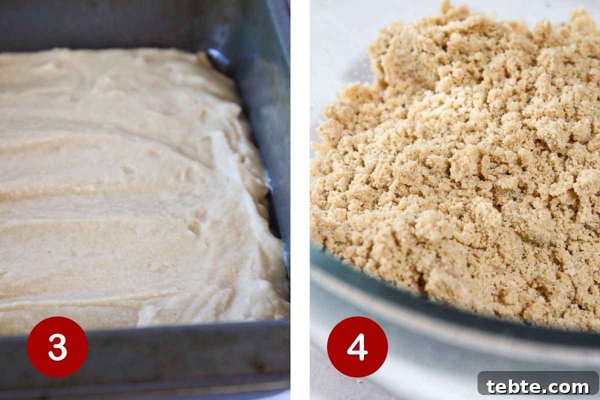 Moist Apple Crumb Cake Recipe with Cinnamon Streusel 5 Steps 3 and 4 of making apple crumb cake. 3, add half of batter to pan. 4, make crumb topping.