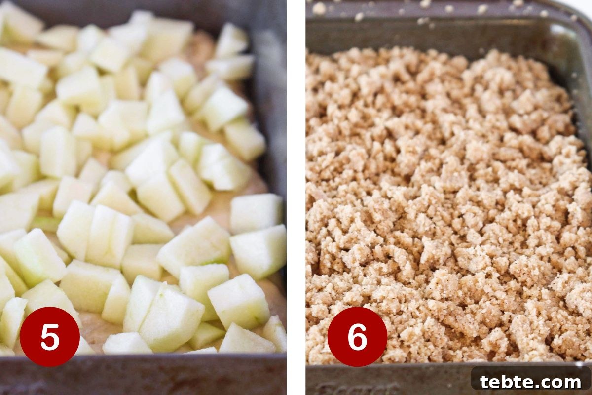 Moist Apple Crumb Cake Recipe with Cinnamon Streusel 6 Steps 5 and 6 of making an apple cake. 5, top half of batter with chopped apples. 6, add half crumb mixture, remaining batter and other half of crumb mixture.