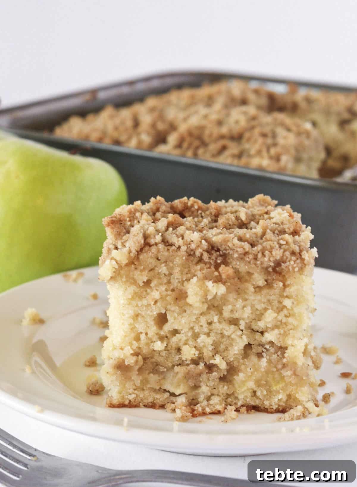 Moist Apple Crumb Cake Recipe with Cinnamon Streusel 7 Serving a slice of apple crumb cake from the pan.