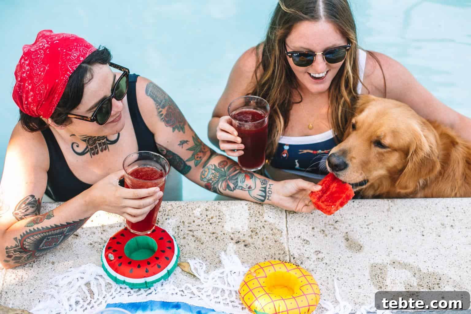 Two girls inside of a swimming pool feeding a dog a piece of watermelon.