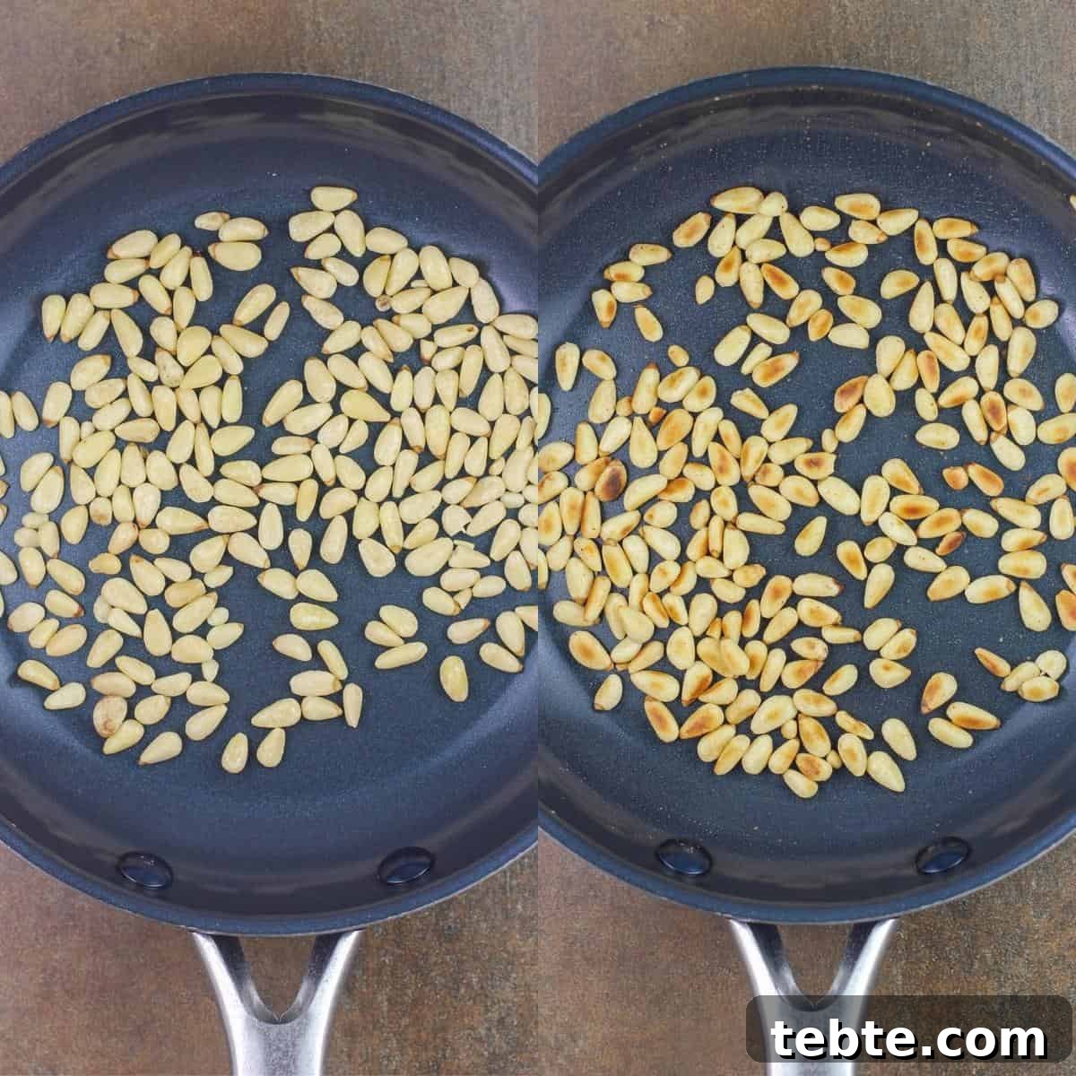 collage: left, pine nuts in small skillet; right, toasted pine nuts in skillet