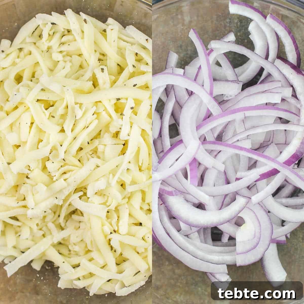 collage: left, shredded cheese; right; sliced red onion