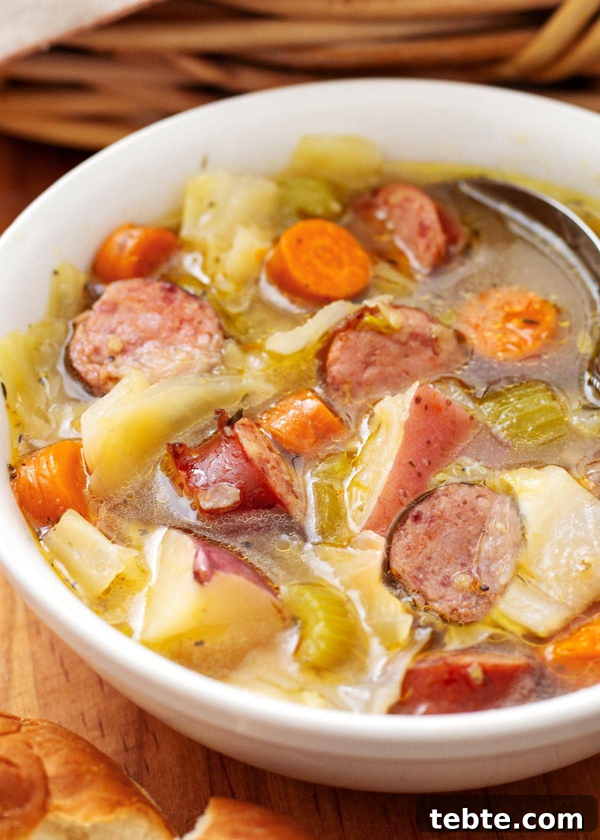 Instant Pot Kielbasa, Cabbage & Potato Soup Recipe 2 Instant Pot Kielbasa Cabbage Potato Soup in white bowl