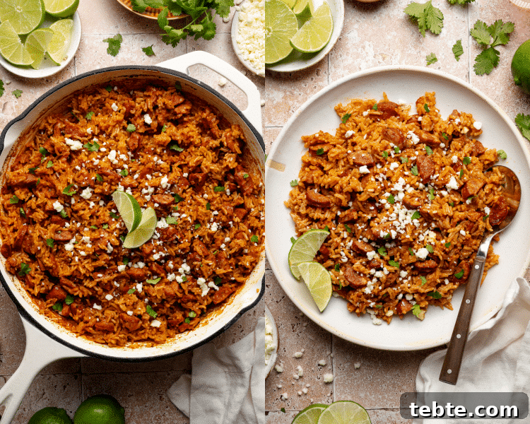 Side-by-side image of garnished baked spanish rice and chorizo and then plating dish.