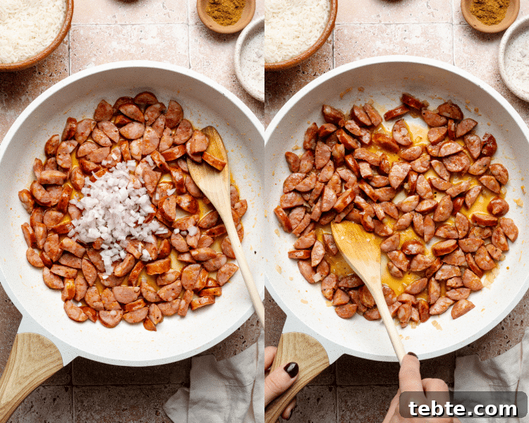Side-by-side image of adding shallots and chorizo to skillet and cooking.