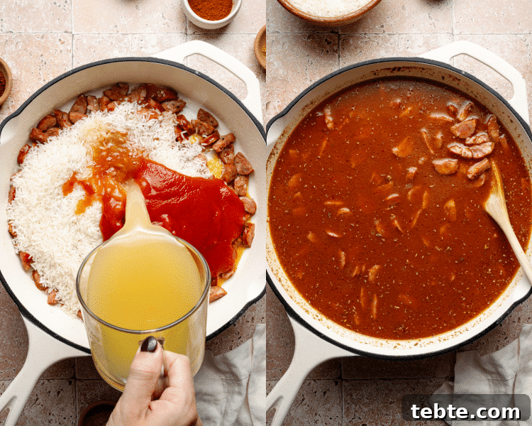 Side-by-side image of adding all ingredients to skillet and mixing to combine.