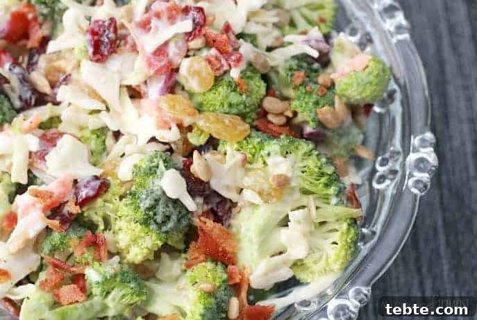 41 Fresh Fall Salad Recipes to Try This Season 21 A clear dish filled with broccoli, golden raisins, cranberries, bacon, and shredded coleslaw. The salad is topped with a creamy dressing.