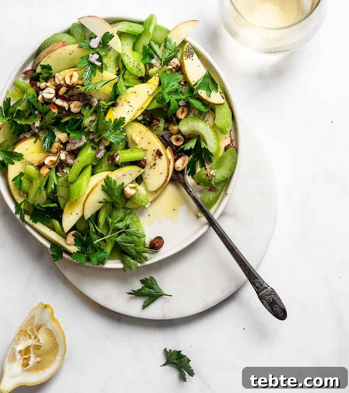 41 Fresh Fall Salad Recipes to Try This Season 24 A white dish filled with sliced apples, celery, celery greens and hazelnuts. There is a serving missing from the plate along with a serving fork. A used lemon and some herbs are alongside the plate