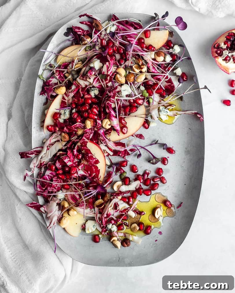 41 Fresh Fall Salad Recipes to Try This Season 26 A gray platter holding thin sliced radicchio, sliced red apple, pomegranate seeds, and chunks of gorgonzola and chopped hazelnuts. There is an olive oil dressing drizzled on the plate, and a white napkin under the platter.
