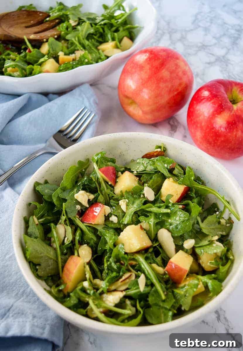 41 Fresh Fall Salad Recipes to Try This Season 4 Leafy greens in a gray stone bowl topped with almonds and diced apples. A blue napkin is off to the side.