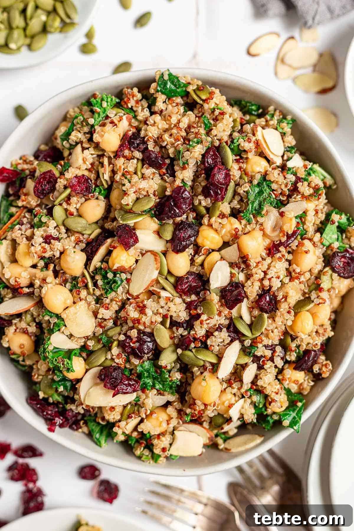 41 Fresh Fall Salad Recipes to Try This Season 32 A white bowl filled with quinoa, chickpeas, almonds, and cranberries. Bits of kale are poking through the ingredients. Extra cranberries, pumpkin seeds and sliced almonds are scattered around the bowl, with a fork alongside the bottom.