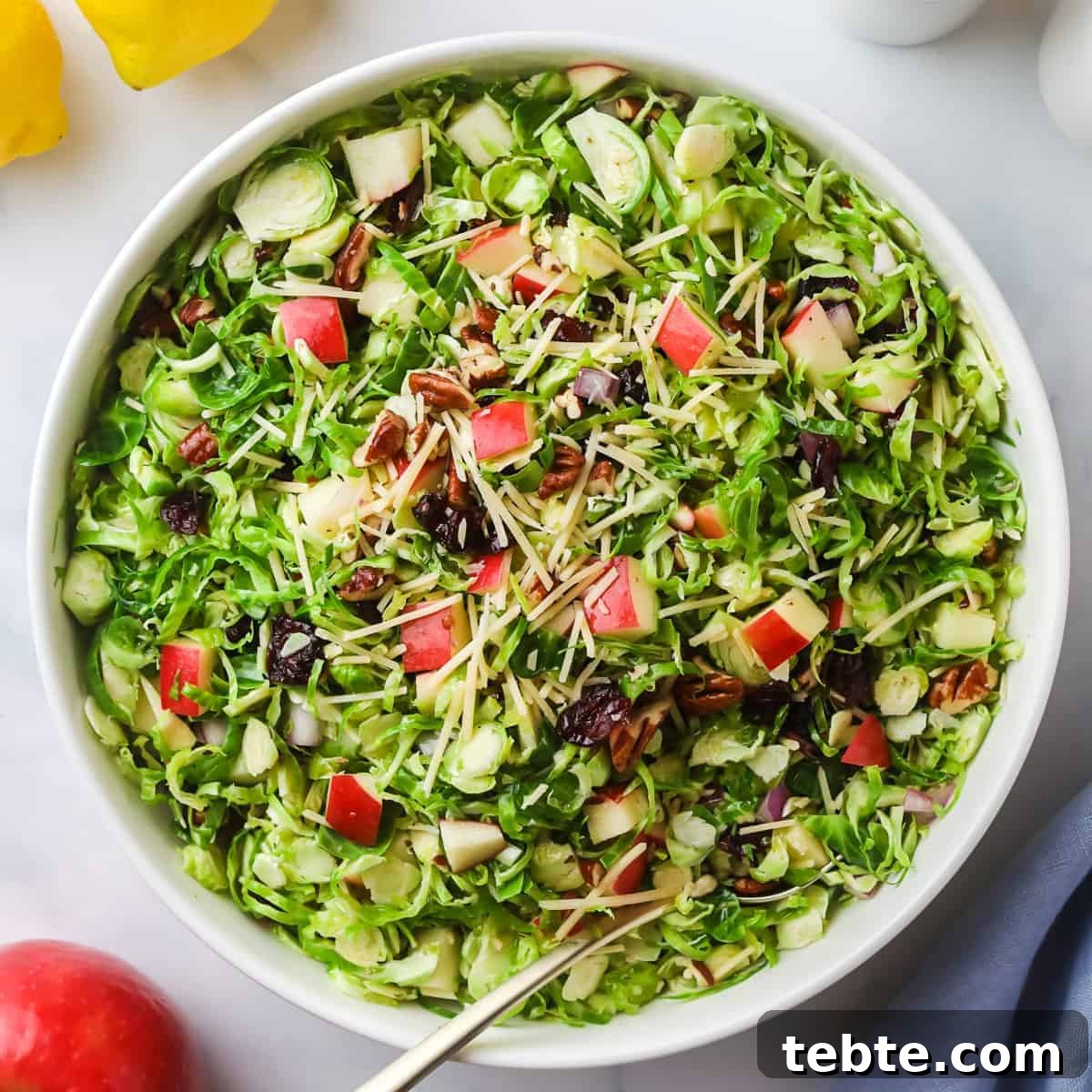 41 Fresh Fall Salad Recipes to Try This Season 42 Shaved brussels sprouts in a white bowl topped with pecans, diced red apples, shredded parmesan cheese and dried cranberries. A red apple, lemons and a blue towel surround the bowl. A serving utensil sits inside the salad.