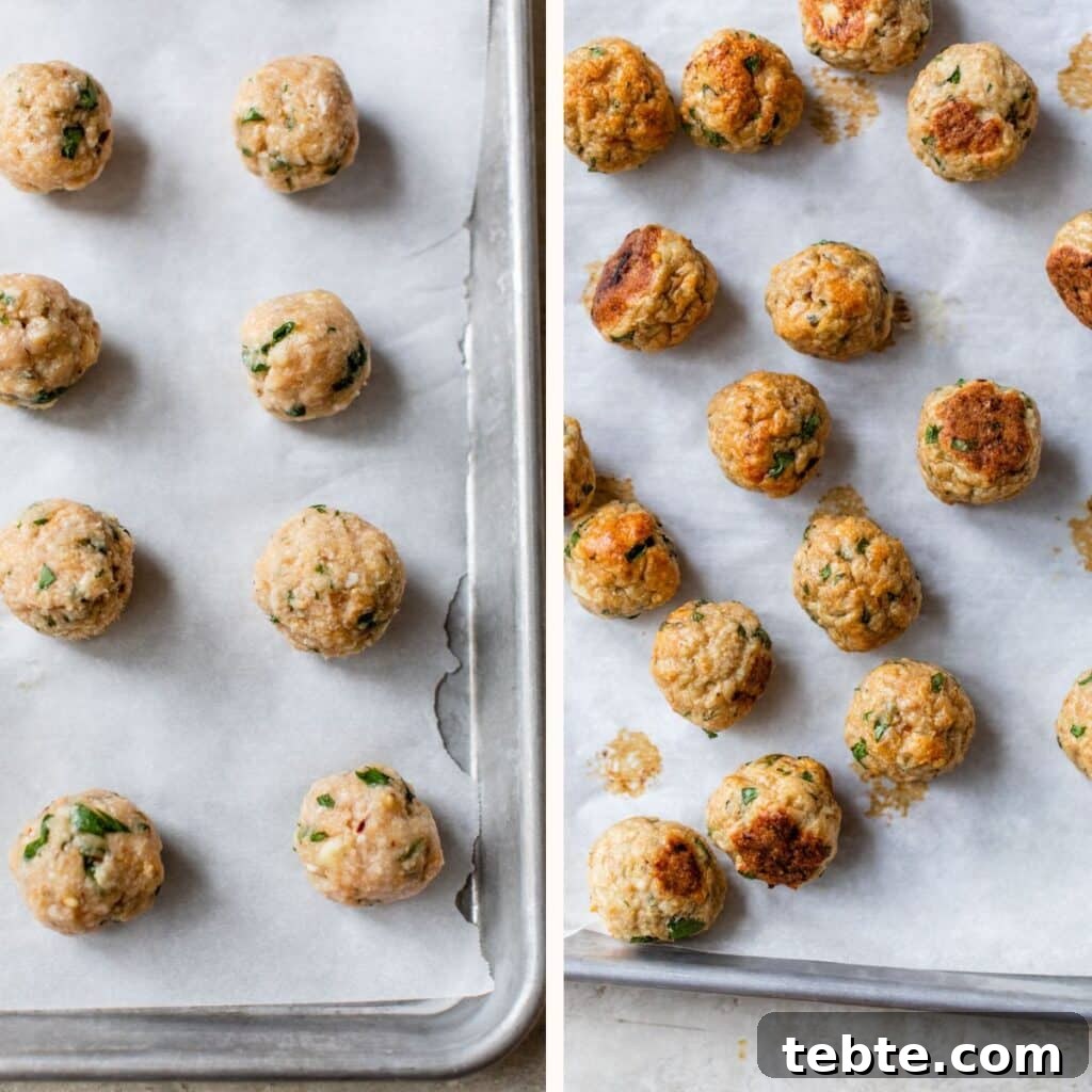 Crispy Baked Chicken Meatballs with Garlic Herb Sauce 6 unbaked and baked meatballs on a parchment-lined baking sheet