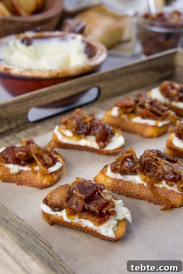 bacon jam crostinis on a serving tray