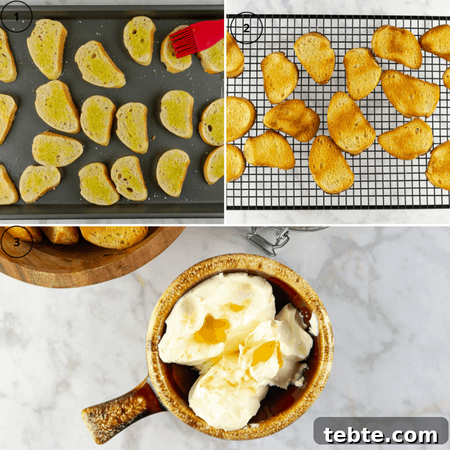 first coating the crostini slices in oil, then the crostinis baked, finally the marscarpone and cream cheese in a bowl with honey and lemon juice