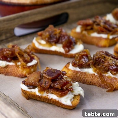 bacon jam crostinis on a serving tray