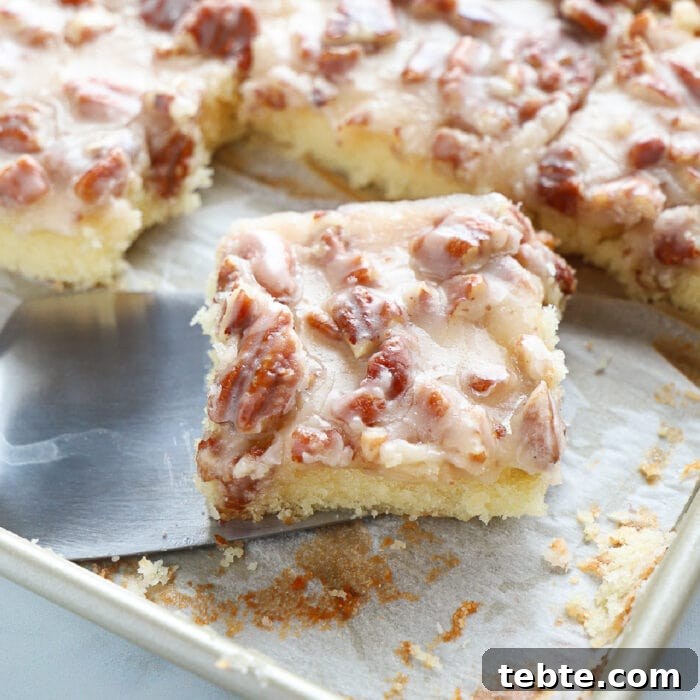 Savory Baked Cowboy Dip Recipe for Parties and Game Day 9 Close up of a square of white Texas sheet cake showing the pecans on the top.
