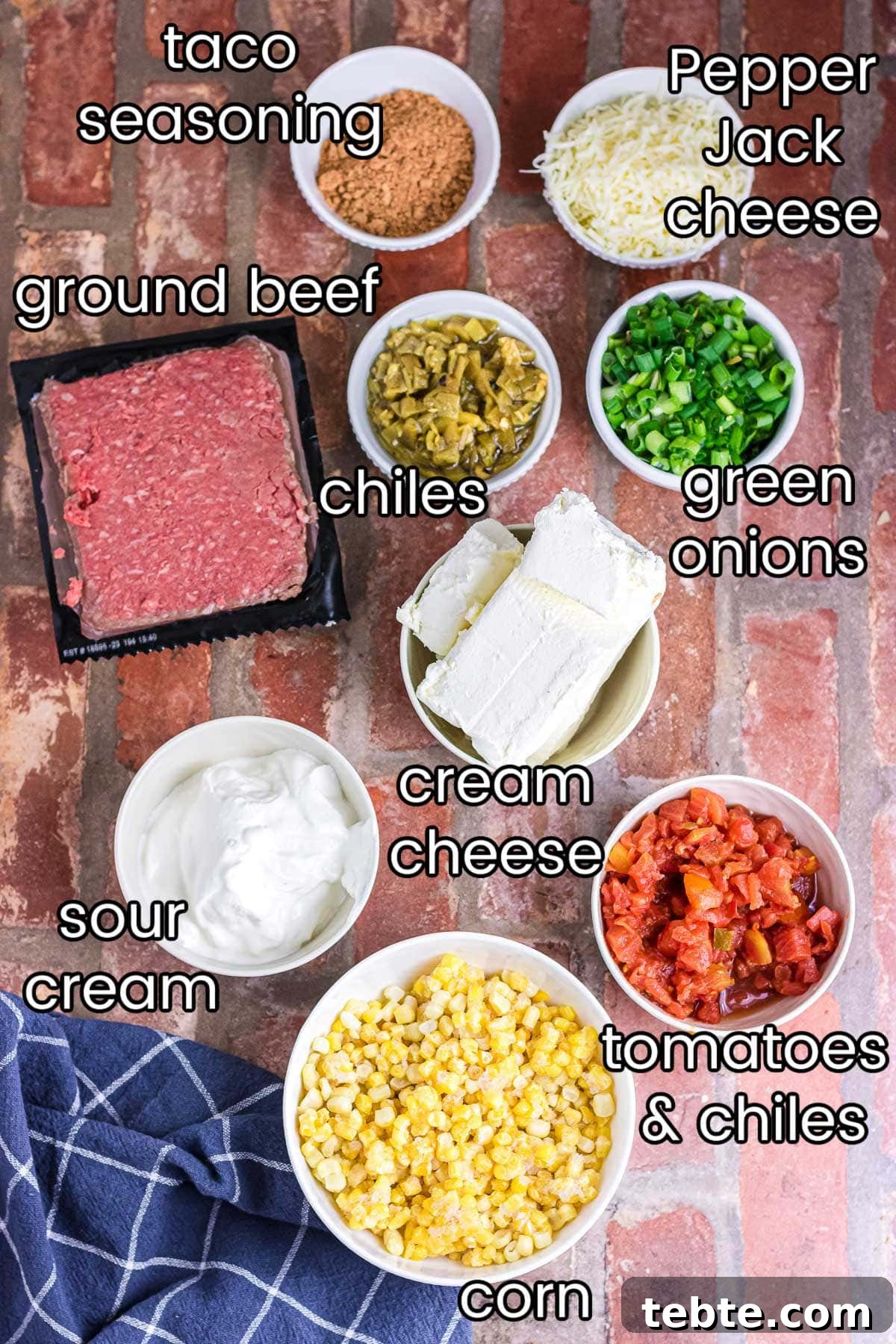 Savory Baked Cowboy Dip Recipe for Parties and Game Day 3 labeled ingredients for baked cowboy dip.