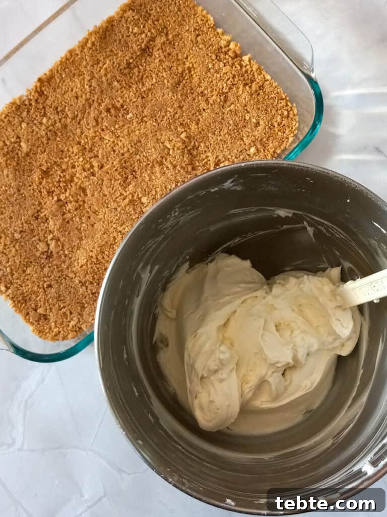 Classic Old-Fashioned Cherry Dessert Recipe 3 9x13 pan of crust and bowl of cream cheese filling