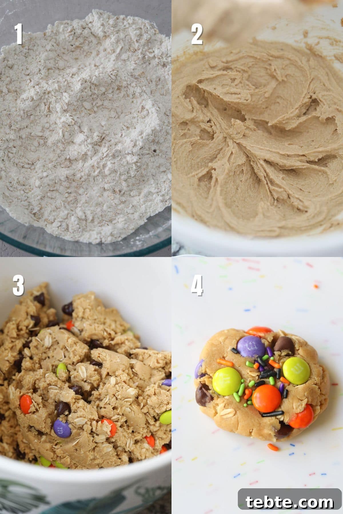 Soft Chewy Monster Cookies with Chocolate, Oats & Peanut Butter 5 step by step instructions for making monster cookies.