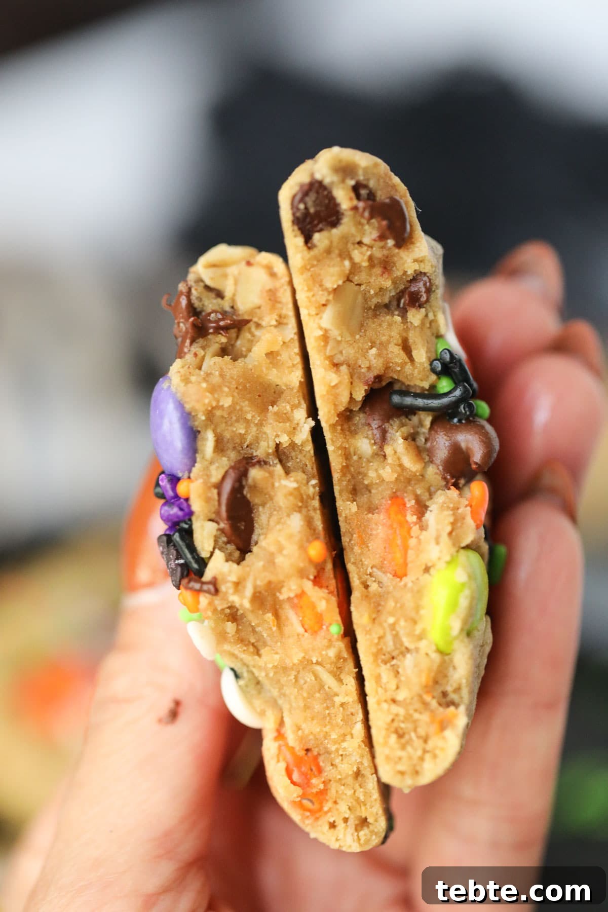 Soft Chewy Monster Cookies with Chocolate, Oats & Peanut Butter 6 monster cookie broken in half to show detail.