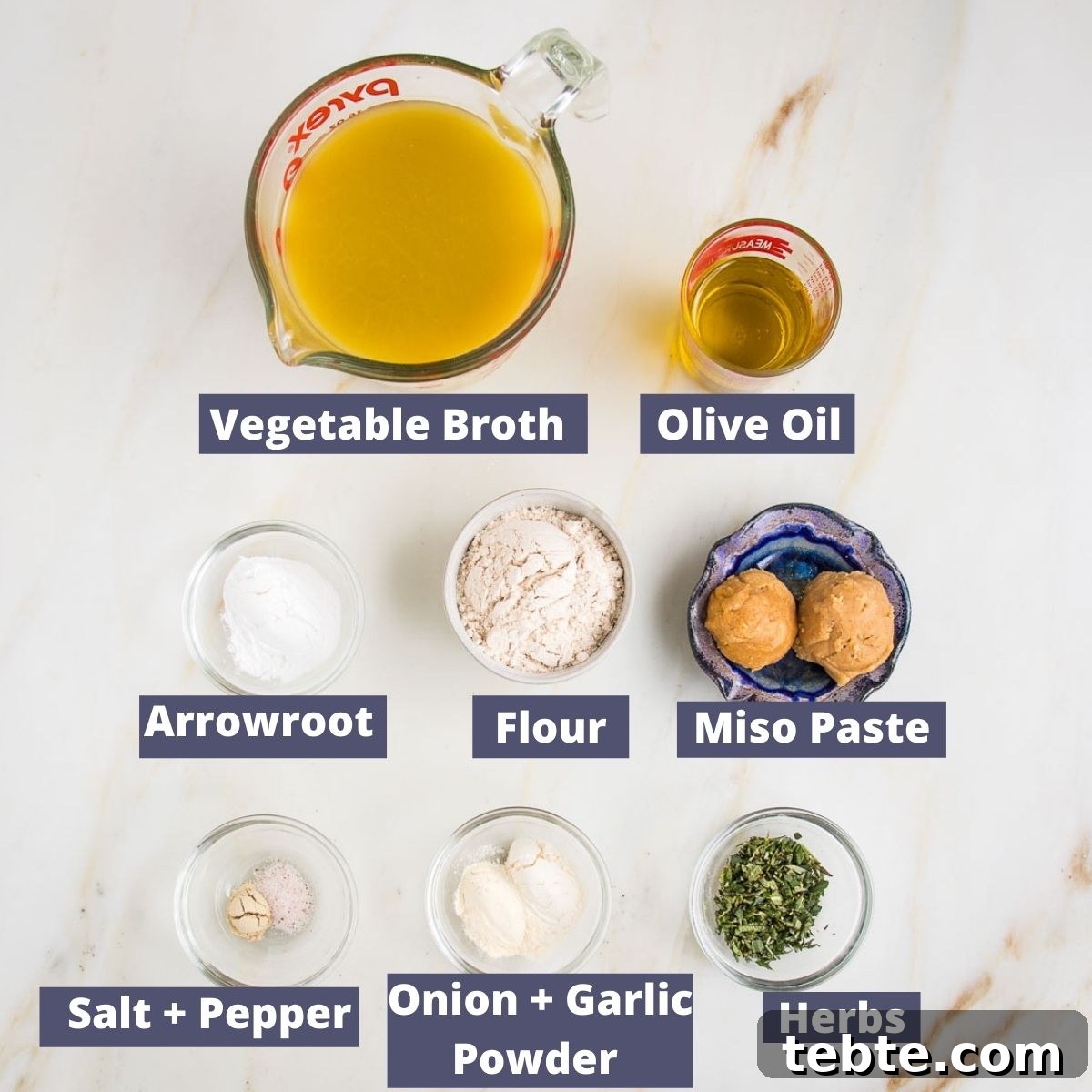 Creamy Vegan Mushroom Gravy Recipe 4 Easy vegan gravy labeled ingredients: vegetable broth, olive oil, arrowroot, miso paste, flour, herbs, onion and garlic powder.