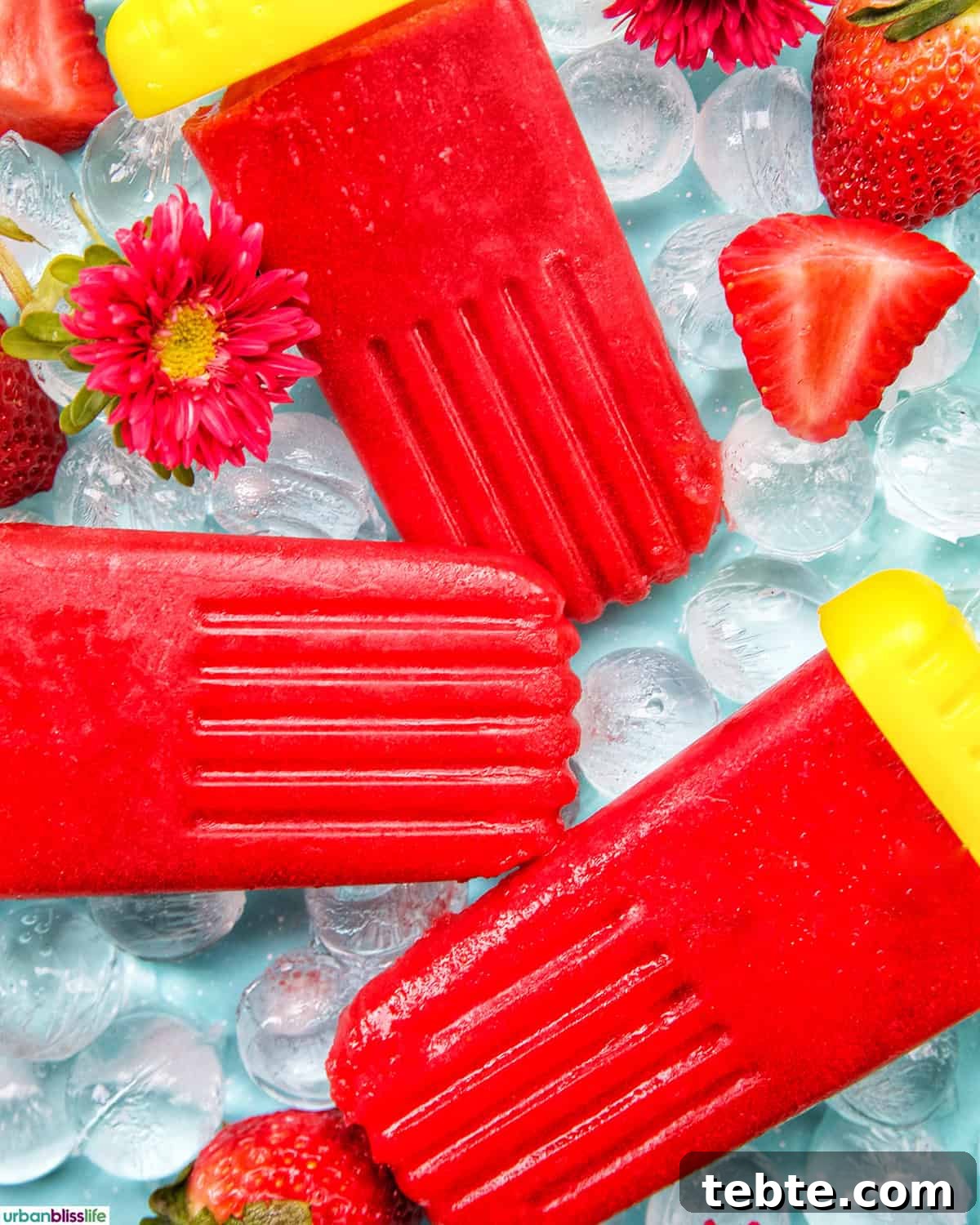 Homemade Strawberry Popsicles Recipe 2 three strawberry fruit popsicles on ice.