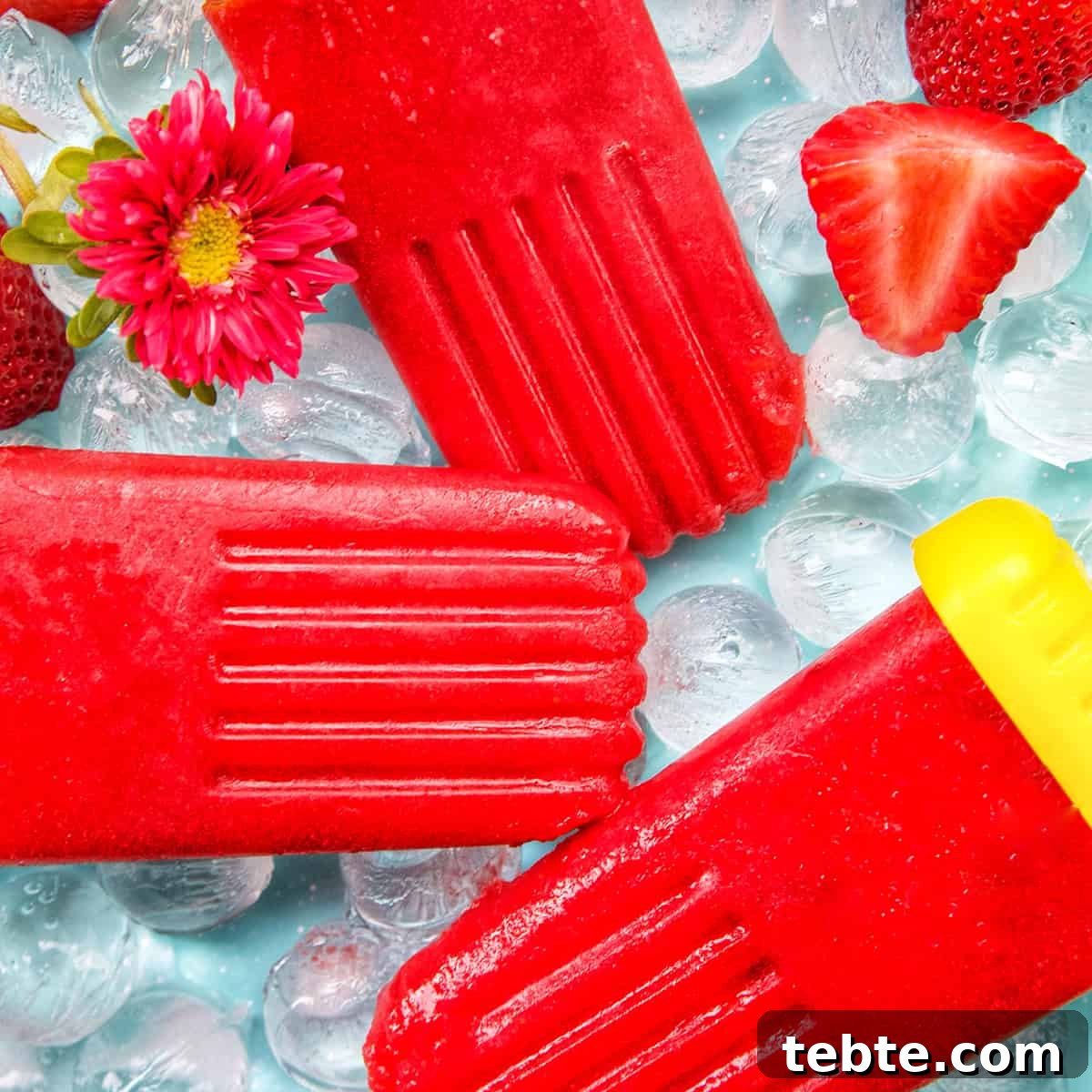 Homemade Strawberry Popsicles Recipe 16 three strawberry fruit popsicles on ice