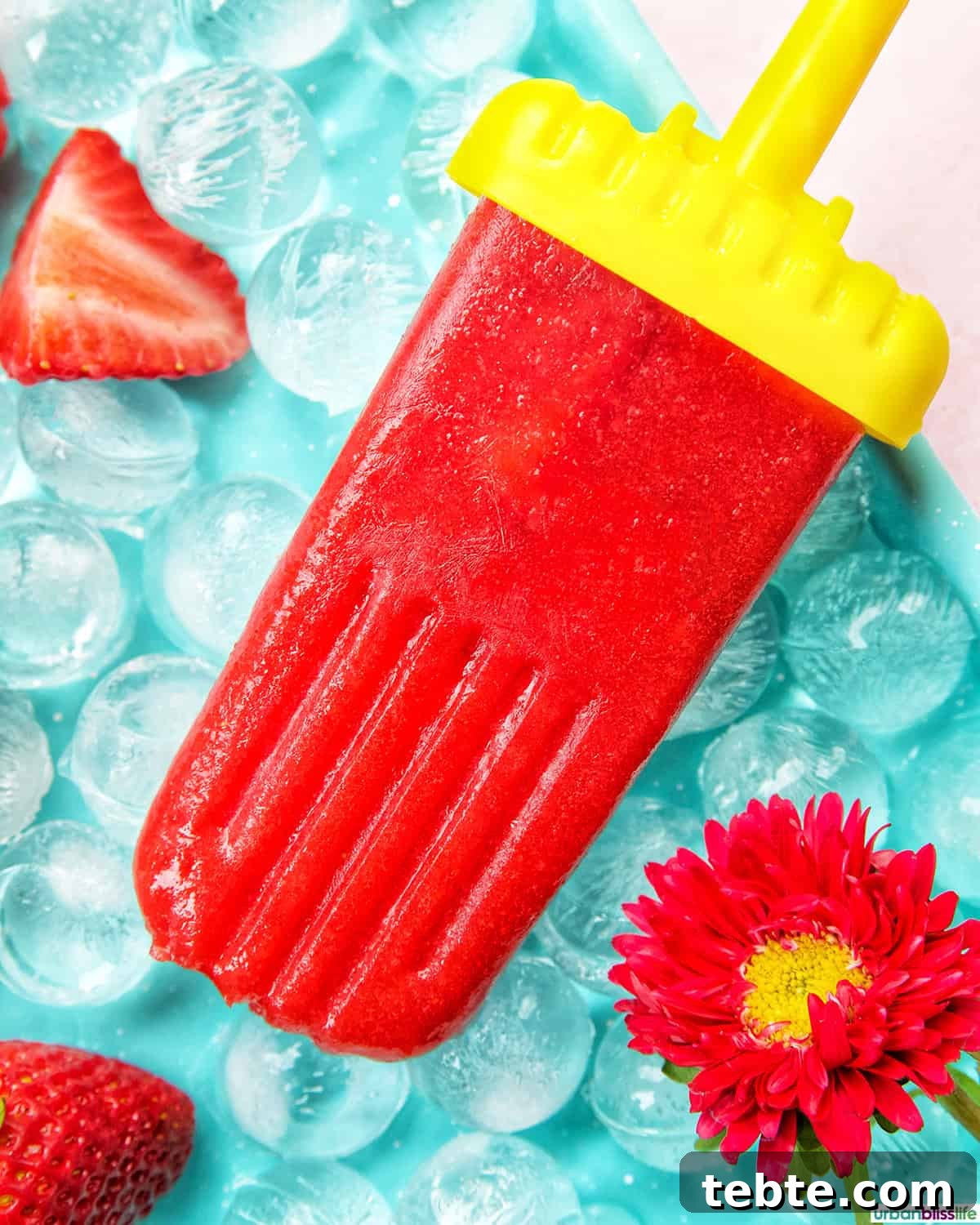 Homemade Strawberry Popsicles Recipe 3 strawberry fruit popsicle on ice