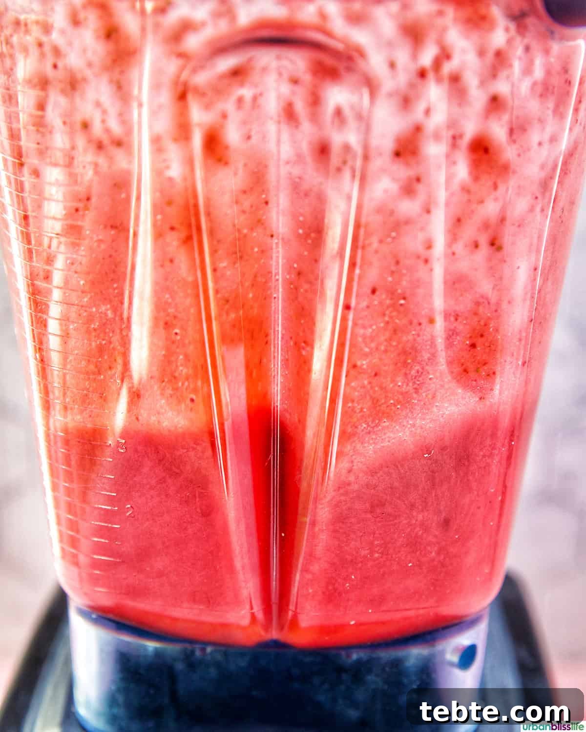 Homemade Strawberry Popsicles Recipe 7 blender with strawberry popsicle mixture.