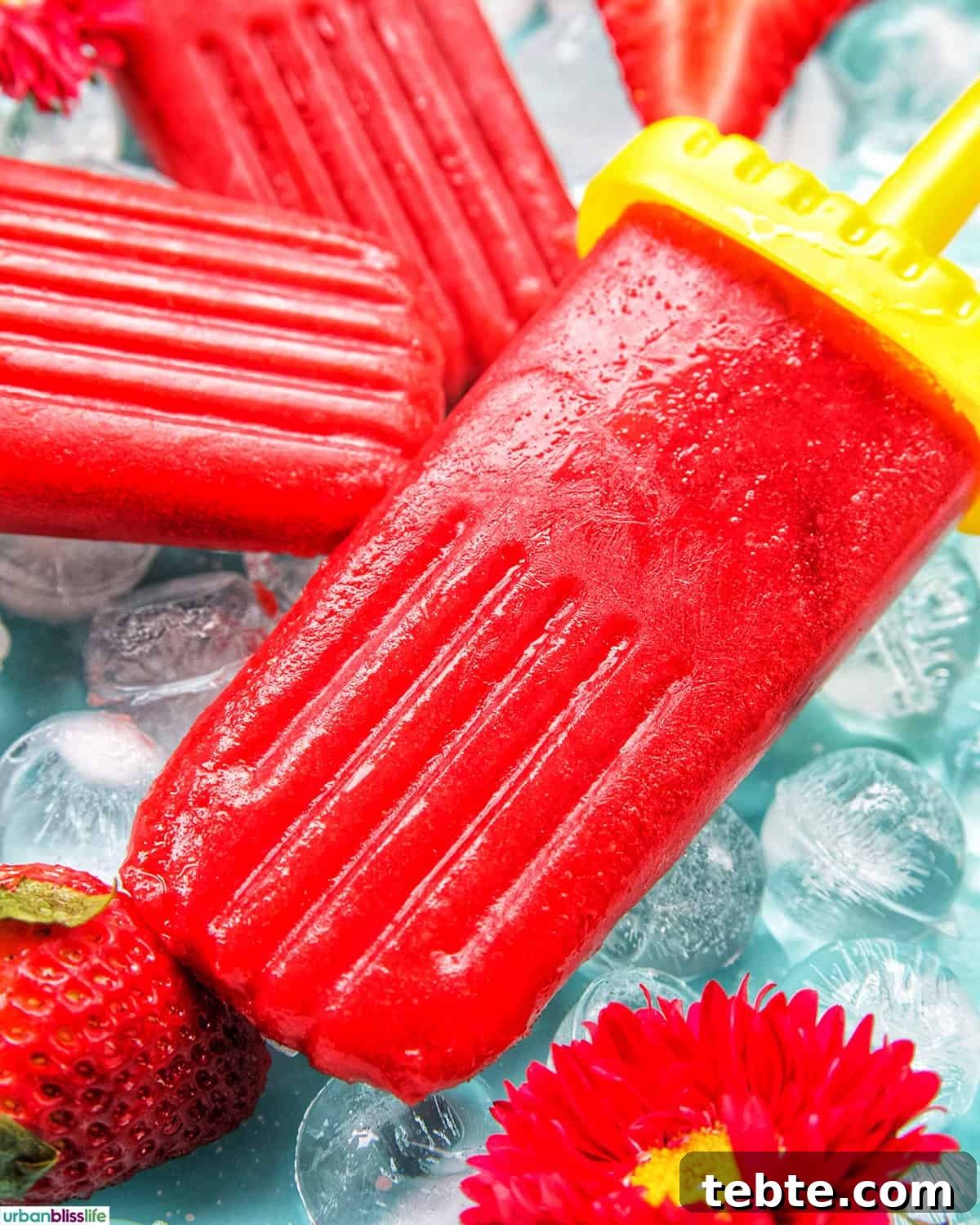 Homemade Strawberry Popsicles Recipe 9 three strawberry fruit popsicles on ice