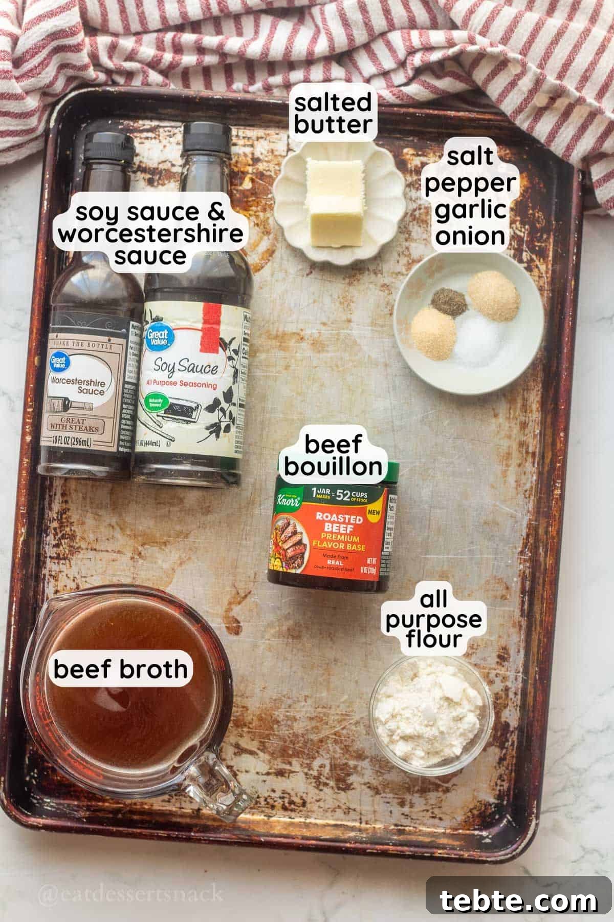 Homemade Brown Gravy Recipe for Roast and Mashed Potatoes 3 Labeled ingredients for brown gravy on metal pan.