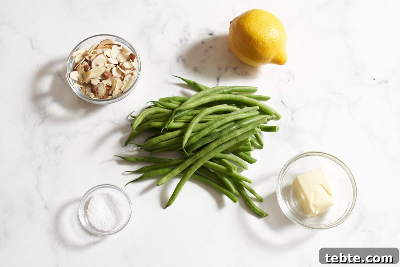 Haricots verts green beans, a lemon, and small bowls of sliced almonds, butter, and salt.