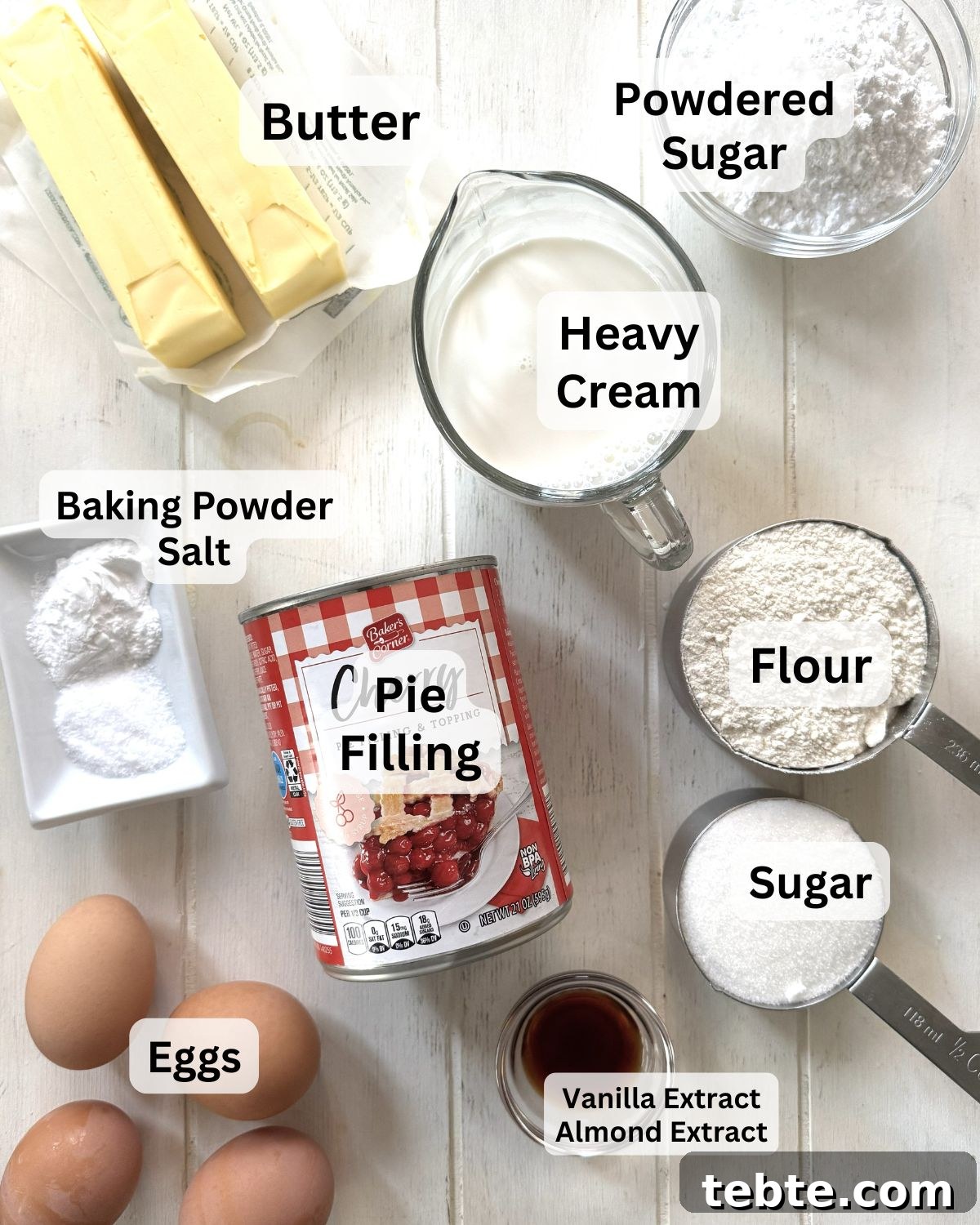Sheet-Pan Scone Cake Recipe 4 Butter, flour, eggs, pie filling, baking powder, salt, sugar, heavy cream for a scone cake.