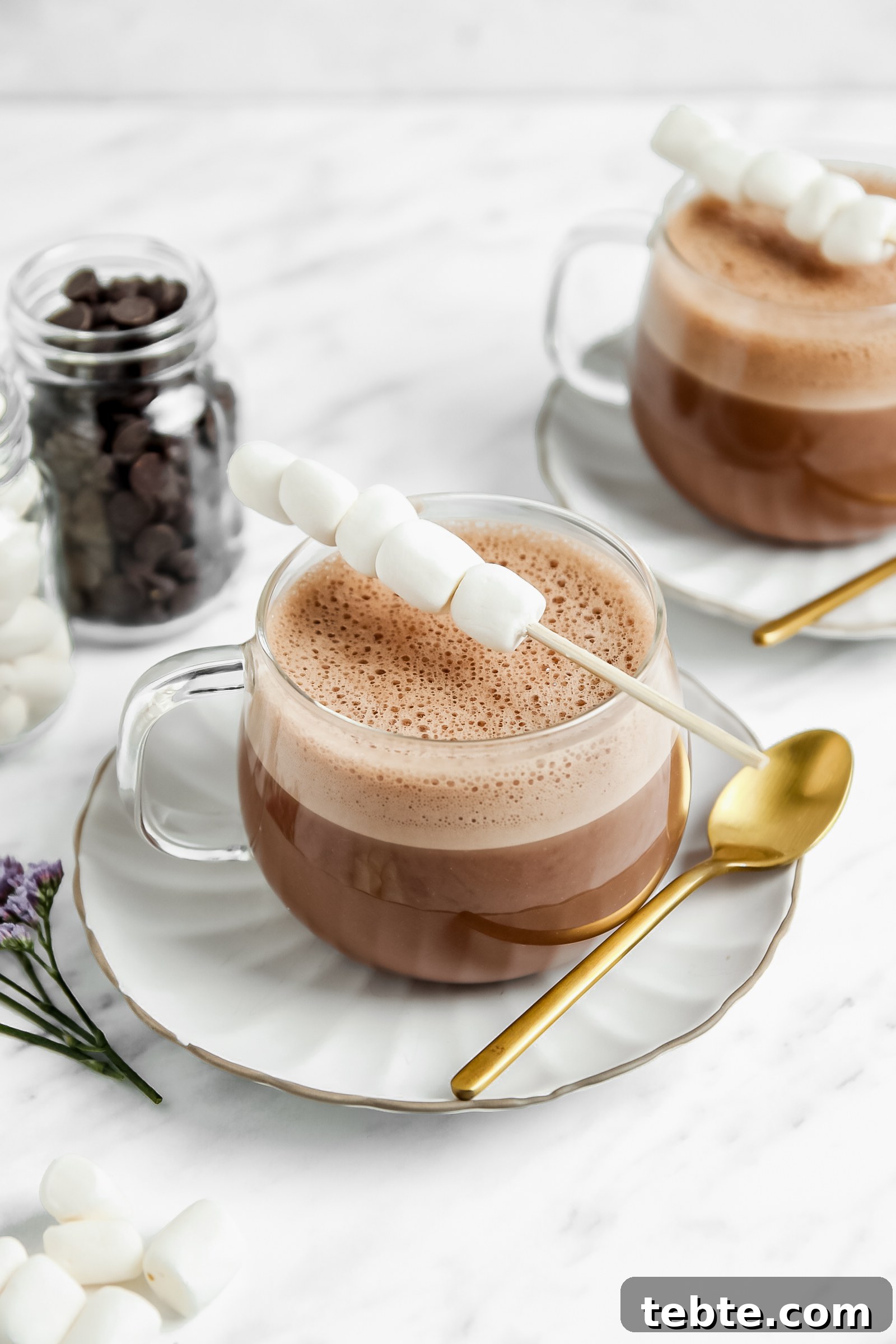 vegan hot chocolate in a clear glass with a stick of marshmallows on top of them. more hot chocolate in the background