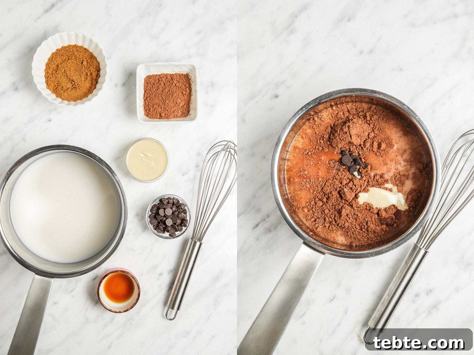 side by side shots. Left: ingredients for vegan hot chocolate laid out including milk in a pot, a whick, cocoa powder, coconut sugar, dark chocolate chips, vanilla Right image: stainless steel pot filled with vegan hot chocolate ingredients: milk, dark chocolate, and cocoa powder