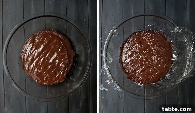 Classic Chocolate Cream Pie Made from Scratch 6 Bowl of chocolate cream pie filling with and without plastic wrap on top