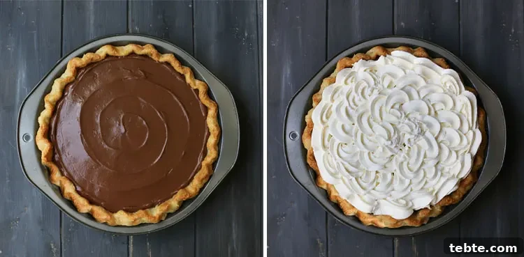 Classic Chocolate Cream Pie Made from Scratch 8 side by side photos of chocolate cream pie without whipped cream and with whipped cream piped on top