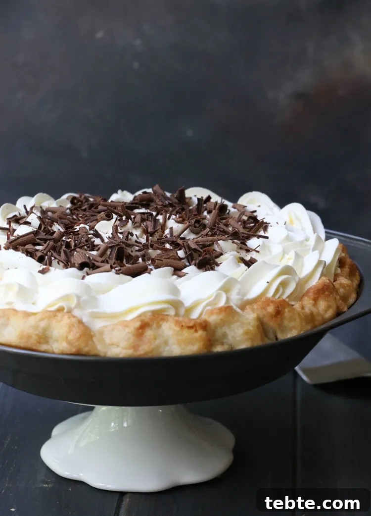 Classic Chocolate Cream Pie Made from Scratch 3 Side view of chocolate cream pie on a cake pedestal