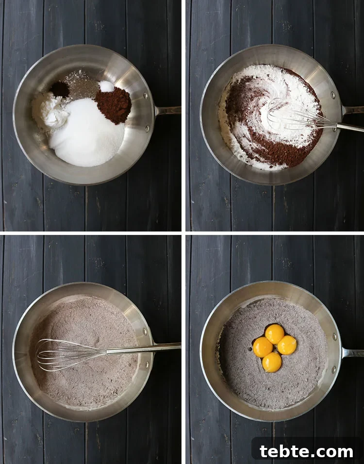Classic Chocolate Cream Pie Made from Scratch 5 four shots of sauce pan showing the steps of adding dry ingredients, mixing them together and then adding egg yolkswith dry ingre