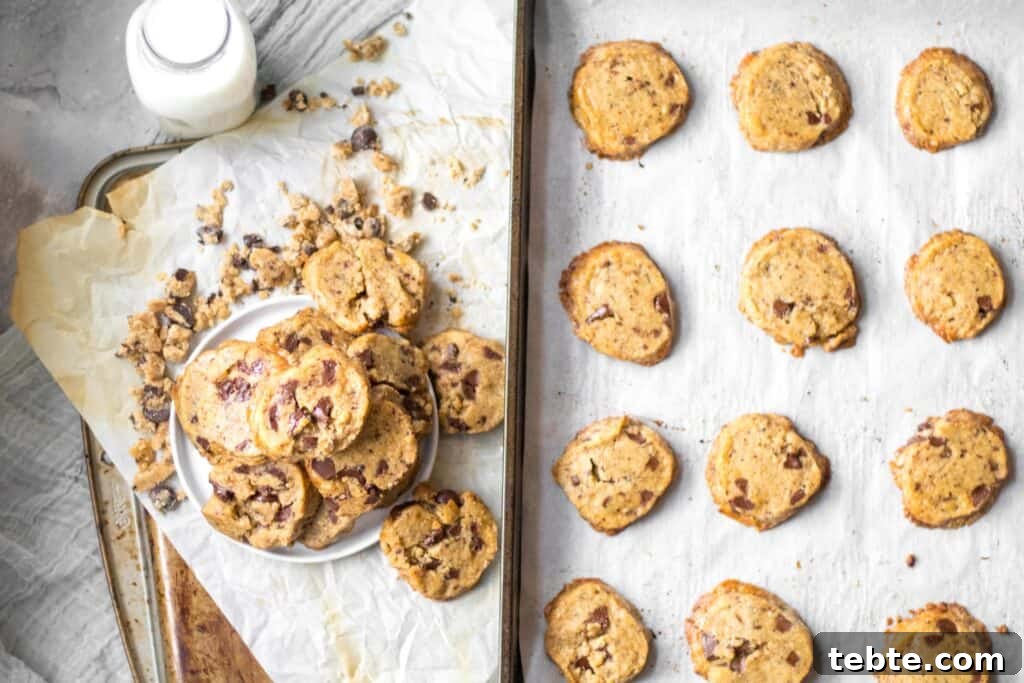 Coffee Chocolate Chunk Shortbread Cookies 3 cookies piled on a plate next to a baking tray of cookies with a jar of milk