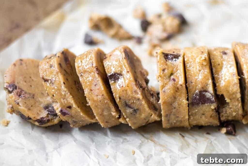 Coffee Chocolate Chunk Shortbread Cookies 4 log of cookie dough that has been sliced