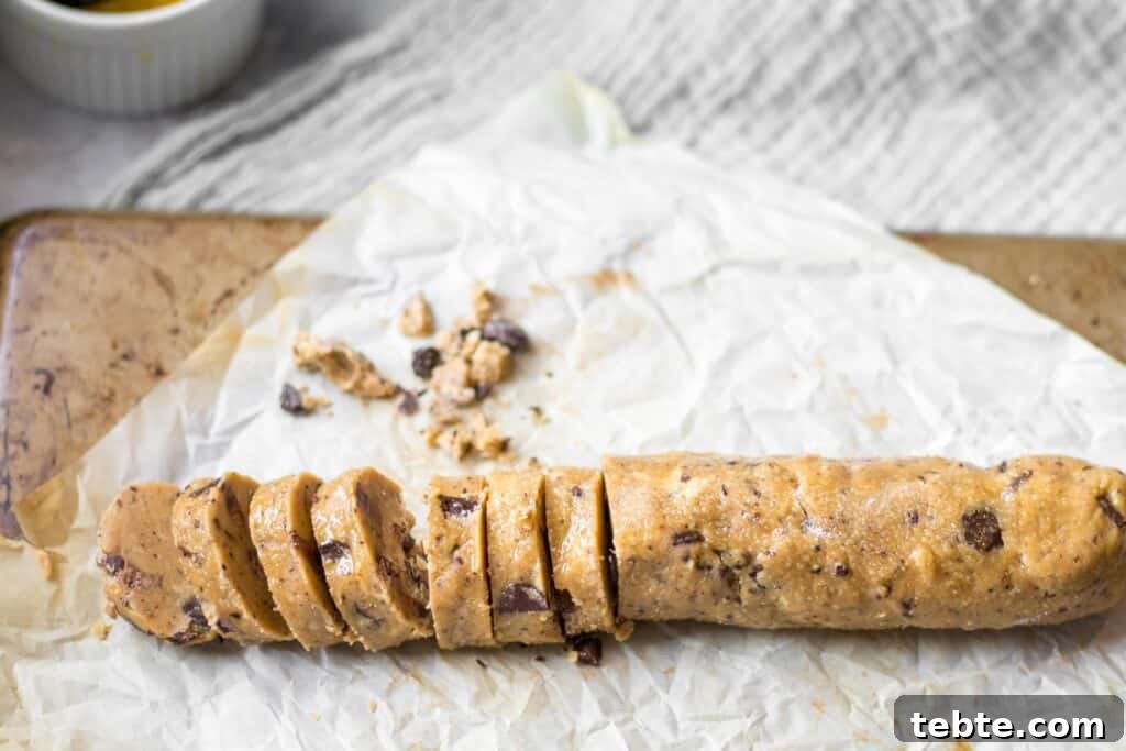Coffee Chocolate Chunk Shortbread Cookies 9 log of cookie dough that was egg washed and sliced
